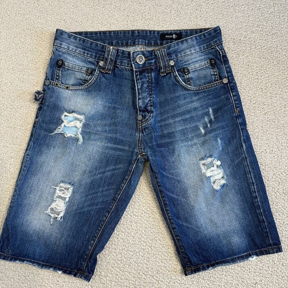Philipp Plein Jean Shorts Size 31 Blue‎ Skull Button Fly Ripped Jorts
